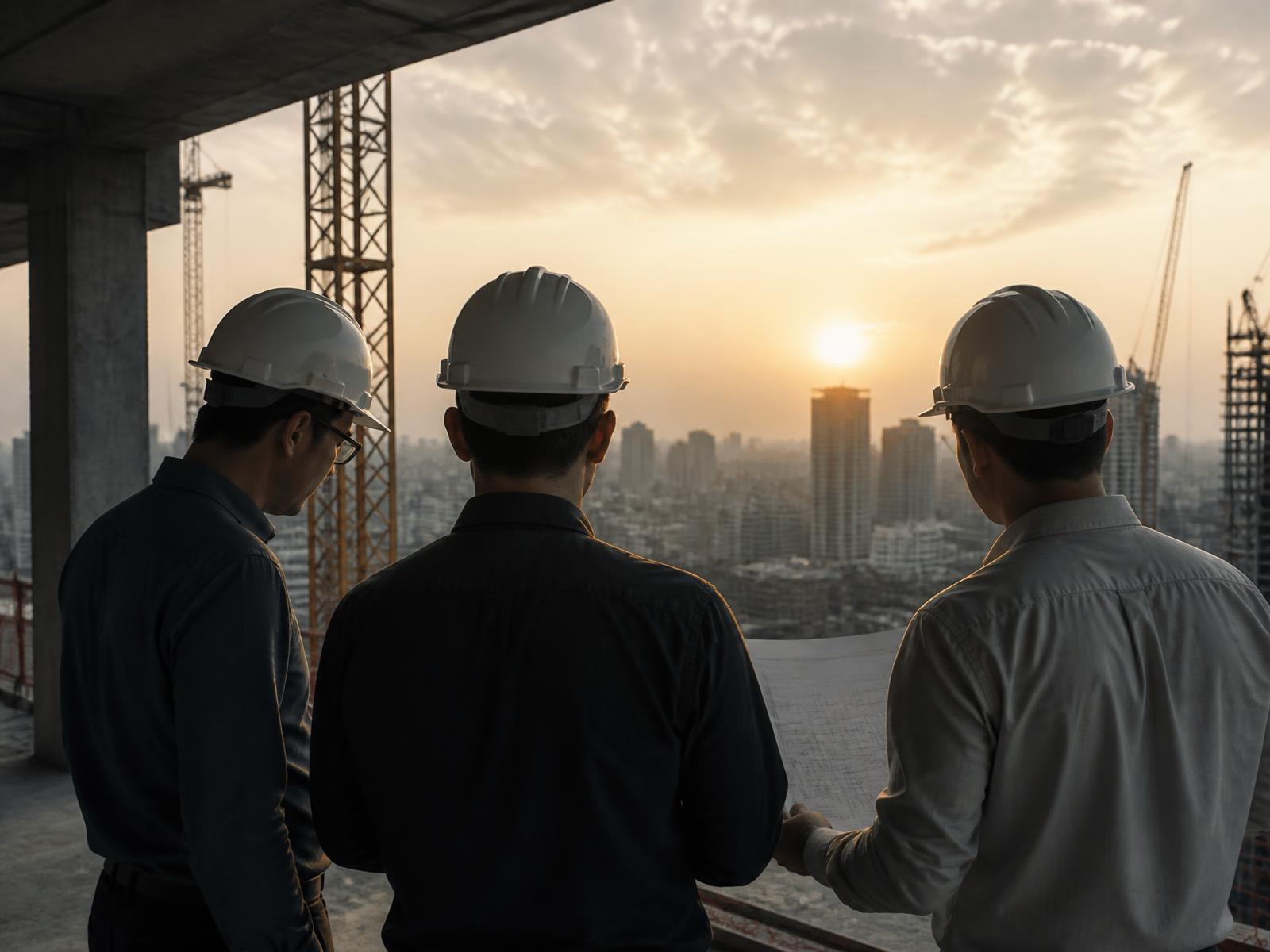 Equipe técnica da MAX acompanhando a execução de obra ao entardecer